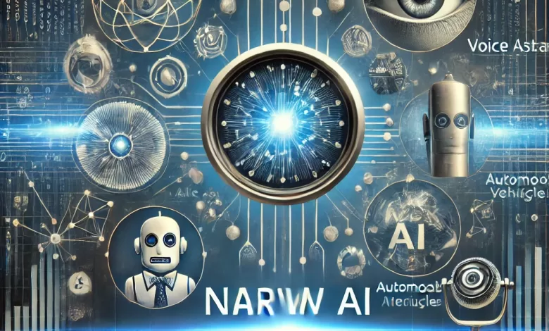 صورة تجريدية تمثل الذكاء الاصطناعي الضيق (Narrow AI)، تعرض أنظمة متخصصة مثل التعرف على الوجه، المساعدات الصوتية (Siri و Alexa)، والسيارات ذاتية القيادة. تشمل الصورة عناصر تمثل التعلم العميق والتعلم الآلي مثل الشبكات العصبية وتدفقات البيانات