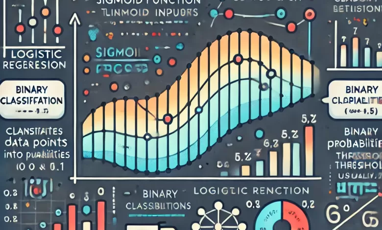 رسم تعليمي يوضح الانحدار اللوجستي مع منحنى سيجمويد يوضح كيفية تحويل المدخلات الخطية إلى احتمالات بين 0 و1، وتصنيف البيانات إلى فئتين باستخدام عتبة عند 0.5