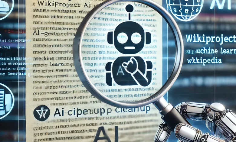 صورة توضيحية لمشروع “WikiProject AI Cleanup” على ويكيبيديا، تُظهر عدسة مكبرة تفحص نصًا على شاشة رقمية مع رموز تعبر عن الذكاء الاصطناعي، مثل أيقونات الروبوتات والتعلم الآلي في الخلفية.