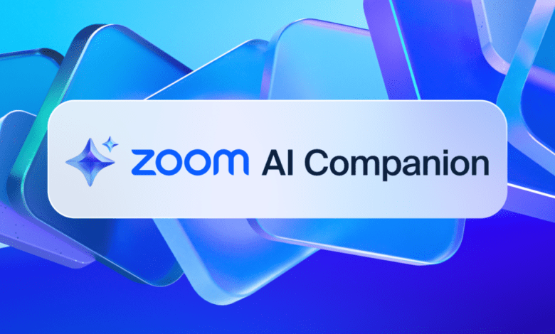 شعار Zoom AI Companion على خلفية زرقاء بتصميم حديث.