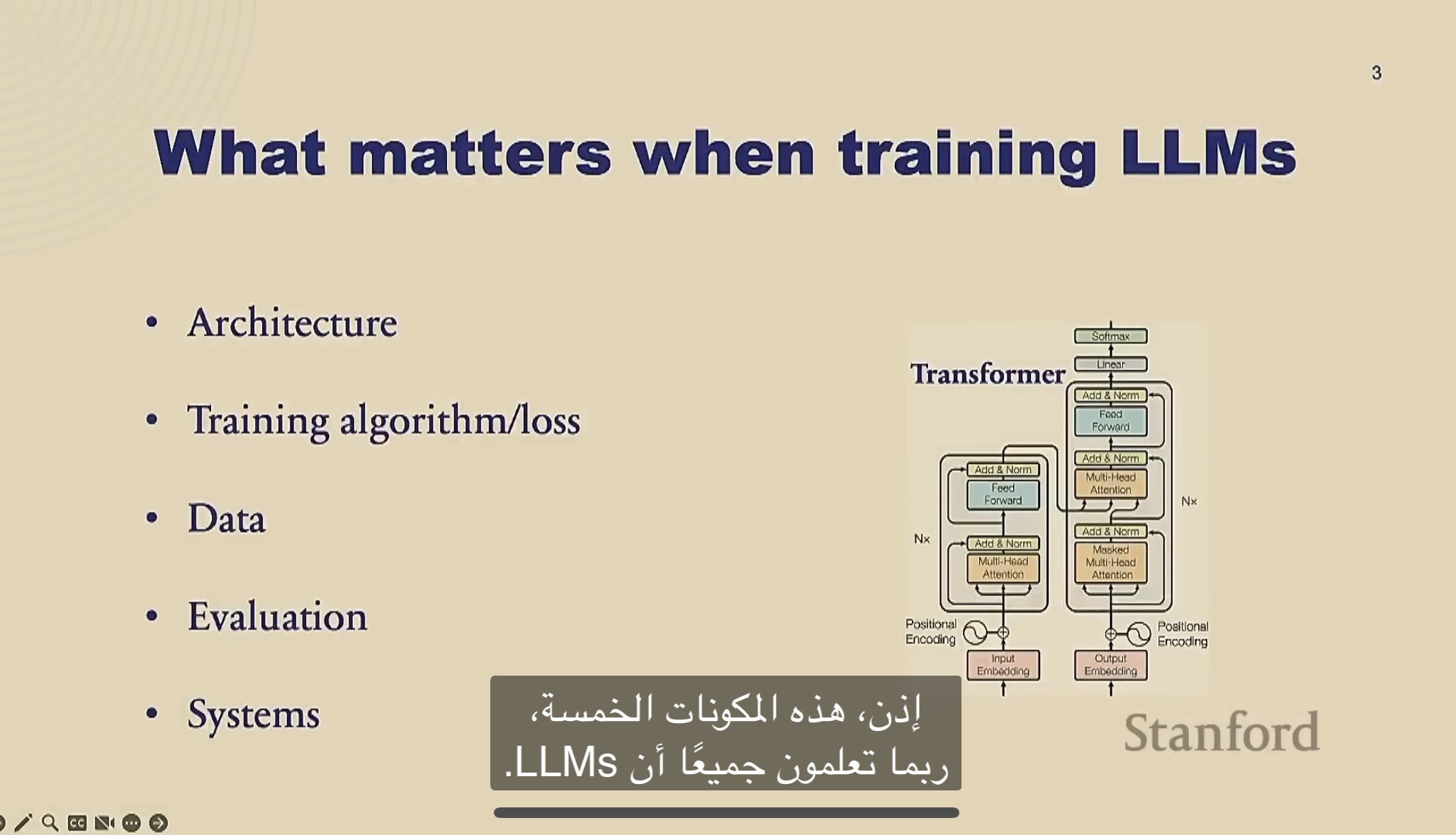 شريحة من محاضرة يان دوبوا حول العوامل الأساسية في تدريب نماذج اللغة العملاقة.