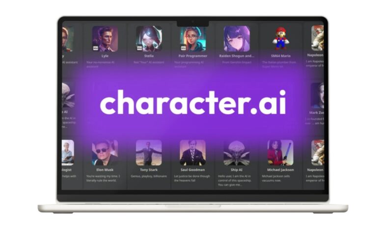 شاشة لابتوب تعرض منصة Character.ai التي تسلط الضوء على تأثير الذكاء الاصطناعي على الصحة النفسية