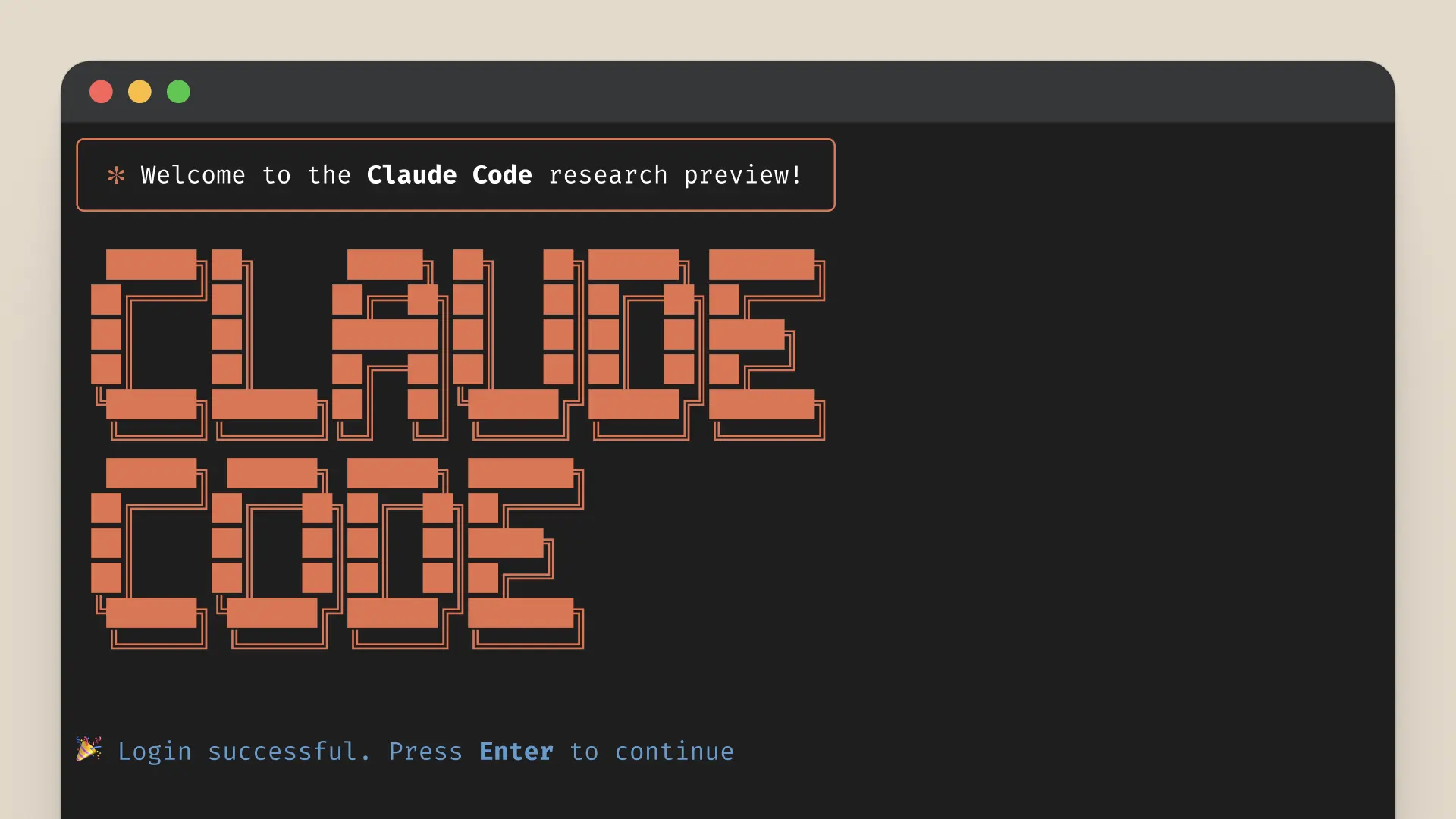 شاشة ترحيبية لأداة Claude Code البحثية، تعرض رسالة "Welcome to the Claude Code research preview!" مع نجاح تسجيل الدخول.